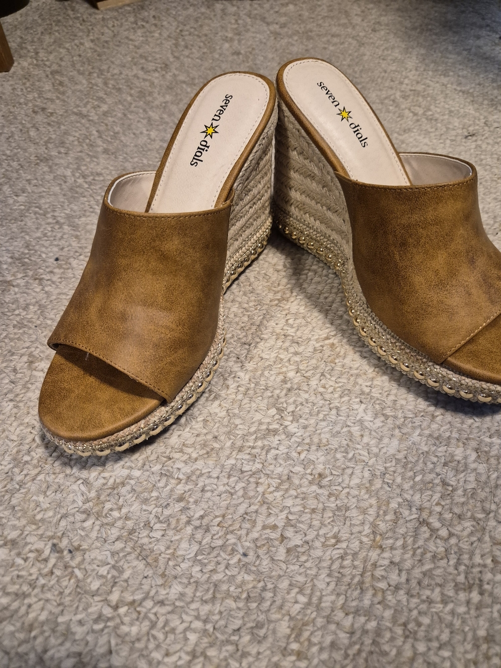 Seven Dials Cognac Brown Wedge Espadrille Mule Sandals